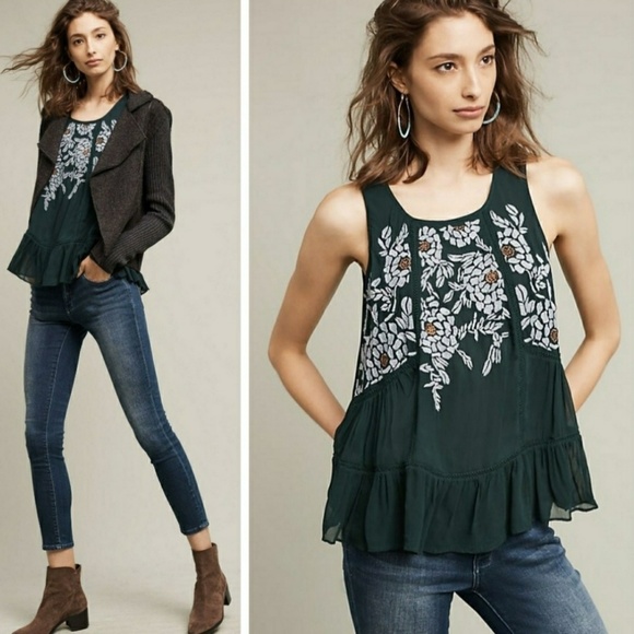 Anthropologie Tops - Anthropologie Green Embroidered Tank Size Large